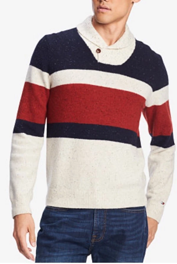 Tommy Hilfiger Spokane Stripe Lambswool Blend Shawl Collar, Large Fitted Sweater