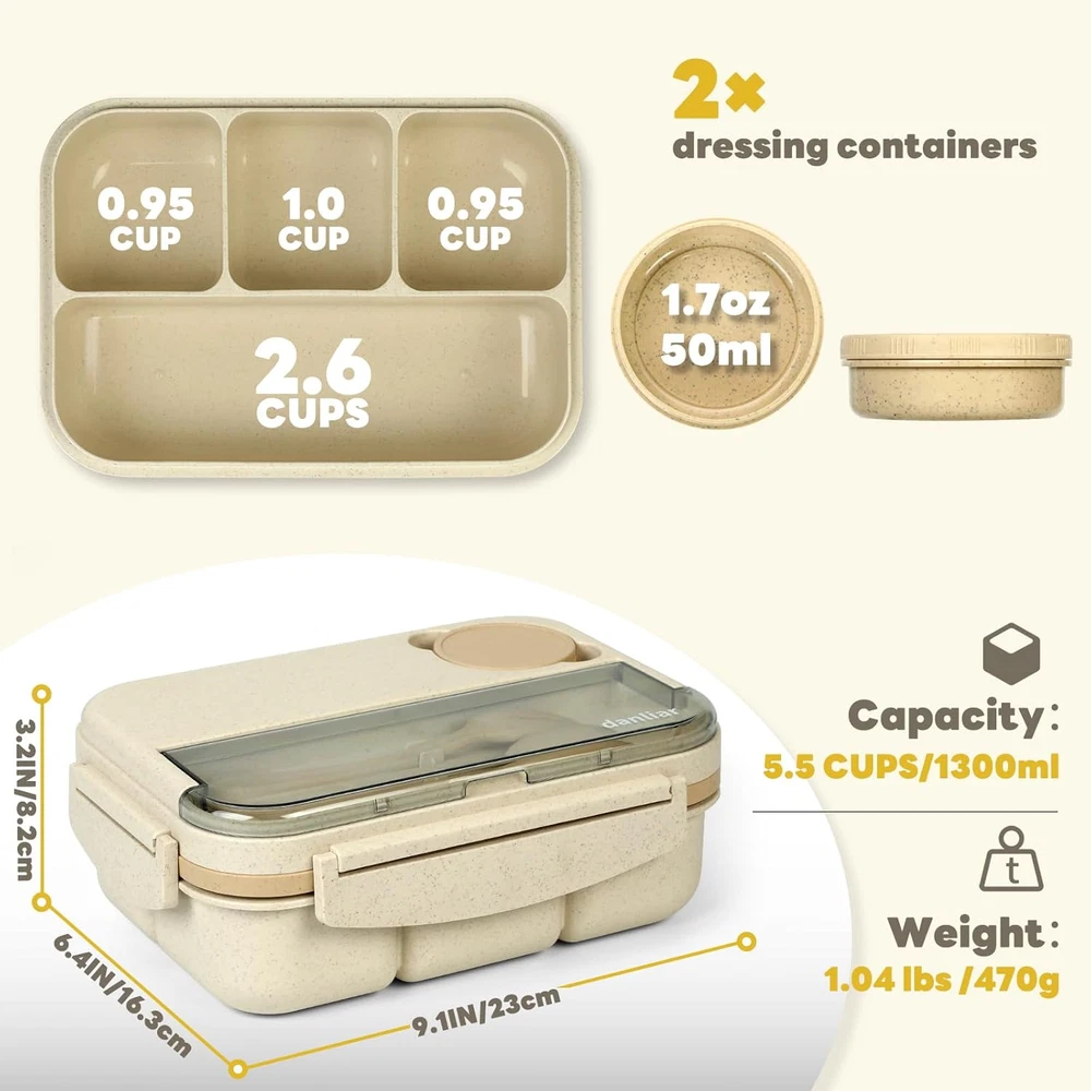Kids Wheat Straw Bento Box - 5.5 Cups, Leakproof, 2 Compartments for Adults & Children