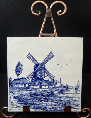 blue & white vintage Dutch Style Ceramic Tile with Windmill Graphics