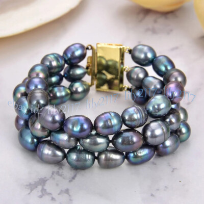 3 Rows Natural Peacock Black Freshwater Baroque Rice Pearl Bracelet 7.5'' 6-12mm