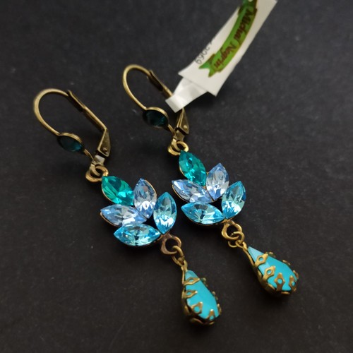 Michal Negrin Earrings Blue Shades Leaves Cluster Royal Sparkly Crystals Long - Picture 7 of 15
