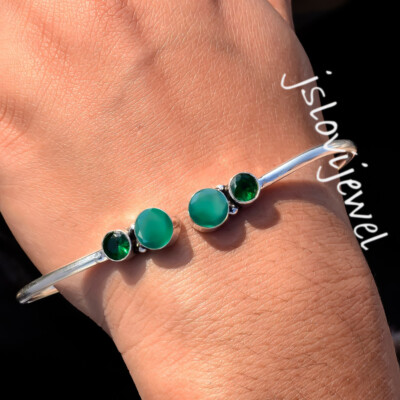 Chrome Diopside & Green Onyx Gemstone 925 Sterling Silver Simple Cuff Bracelet