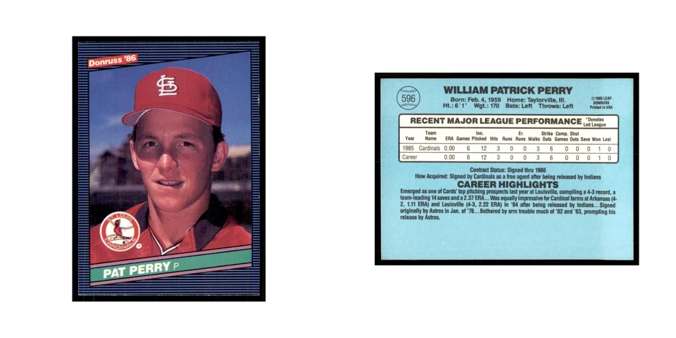 1986 Donruss Pat Perry RC Cardinals #596 - Image 3 of 3