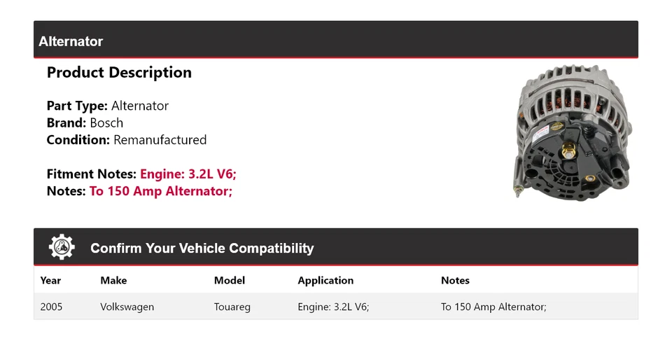 适用于 2005 年大众途锐 3.2L V6 博世发电机(再制造) — 第 2/4 张图片