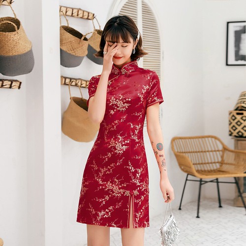 Women Summer Qipao Dress Black Silk Satin Short Cheongsam High Split Party Gown - Picture 10 of 19