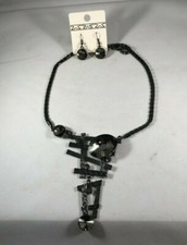 Black Gunmetal, Silver, and Crystal Bold Statement Necklace and Earring Set
