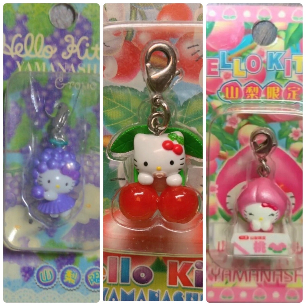 Hello Kitty 2004 Peach Grape Cherry Charm Strap Set Gotochi Ltd