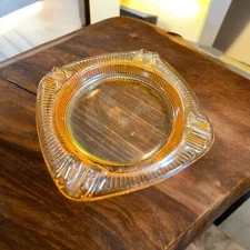 Carnival Glass Square Ashtray Peach Luster Iridescent With Ribbed Edges READ