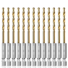 13PC 1/8" Titanium Coated Twist Hex Shank Drill Bit Set, 135 Degree Tip HSS Dril