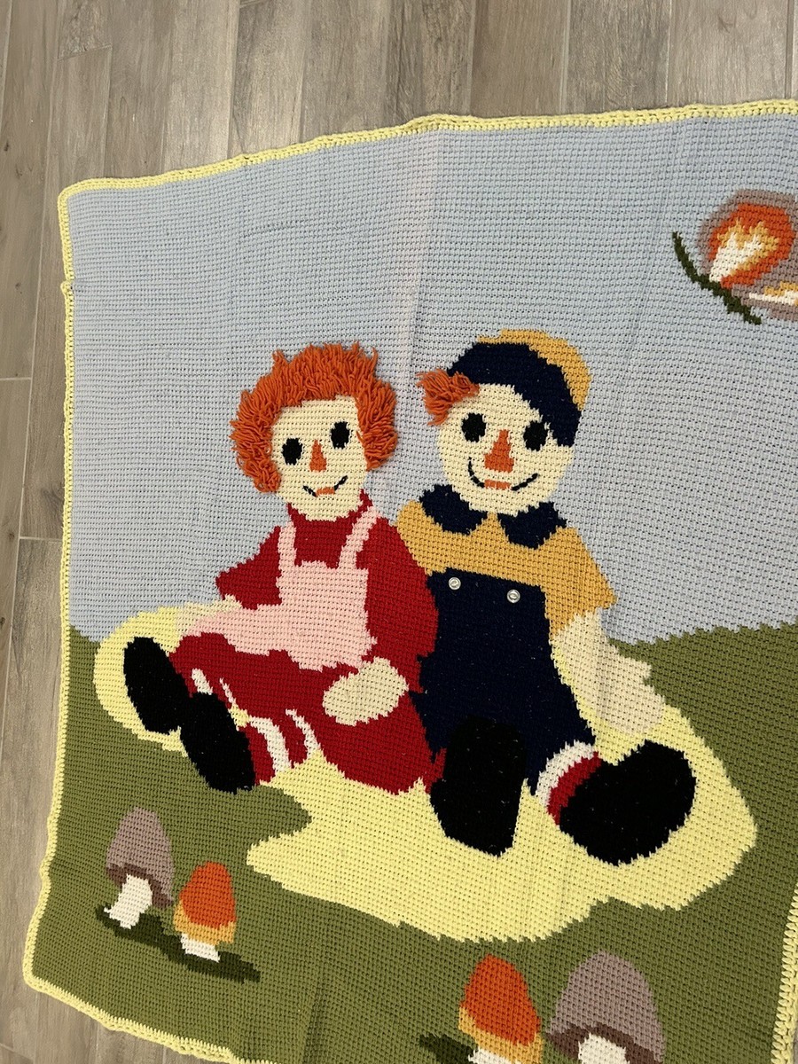 Vintage Handmade Crocheted 3D Raggedy Ann And Andy Blanket 56