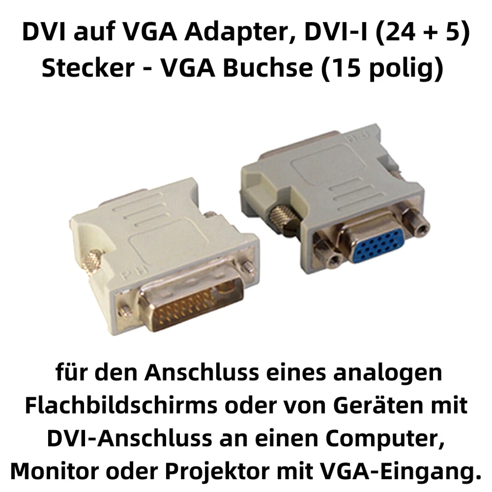 J08 DVI zu VGA Adapter DVI-I (24 + 5) Stecker - VGA Buchse (15 polig) 1080P HDTV - Bild 2 von 4
