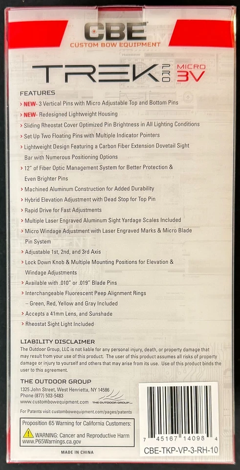 CBE Trek Pro Micro 3V .010 Archery Sight 3 Vertical Pins Right Hand New - Image 2 of 2