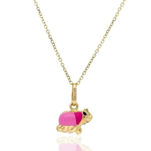 14K Yellow Gold Pink Enamel Elephant Pendant 1mm Cable Chain 16" 18" - product listing photo