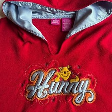Vtg Y2K Disney Winnie the Pooh Hunny Red Fleece Hoodie Missy XL Satin Lined Hood