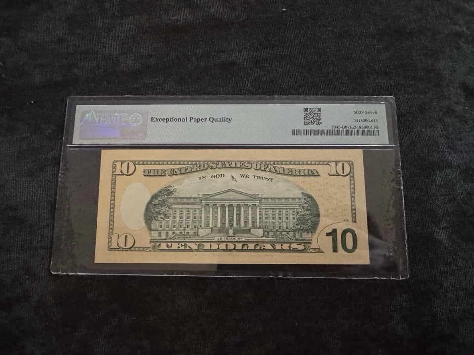 2017A $10 FRN - PMG 67 EPQ - Three Digit Low Serial - True Binary PB 00000111 D - Image 2 of 2