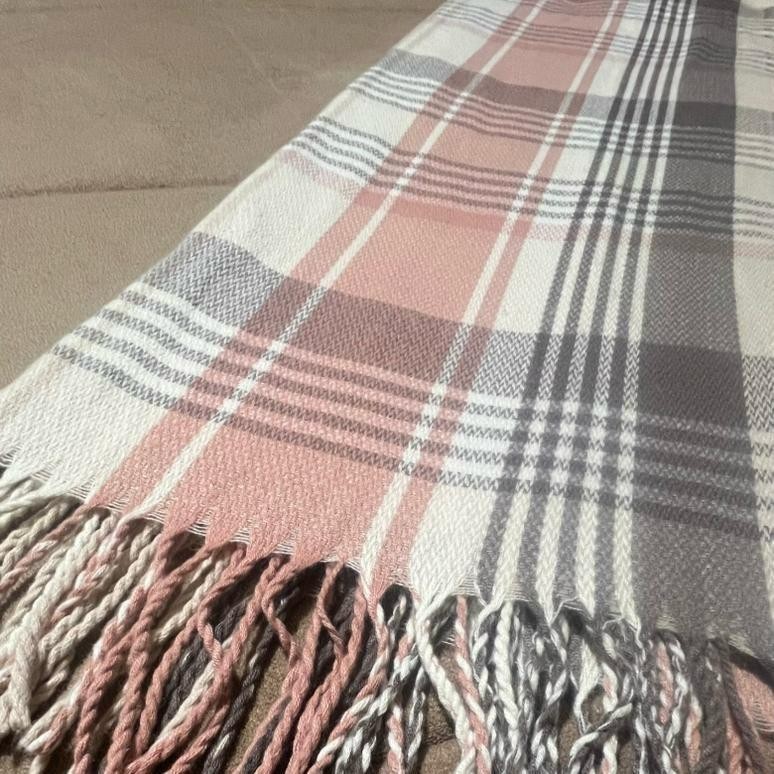 Scarf Plaid Oversized Warm Winter Shawl Wrap Cozy Fringe Blush Beige Gray thumbnail 8