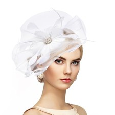 Vintage Tea Party Hat - 2025 Mesh Kentucky Fascinators Headband Flower B-white