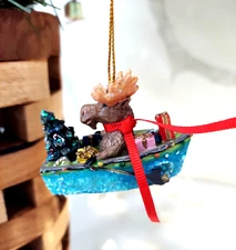 New Christmas Ornament Moose in Row Boat with Tree & Presents, cute!