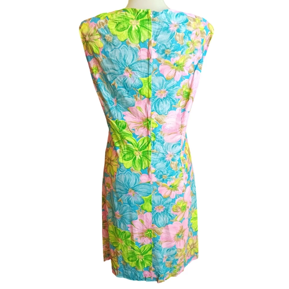 Talla 10 Vestido Vintage Años 60 1OF1 Hecho a Mano Floral Sin Mangas Lazo Verano Iglesia Mamá Foto 3 de 4