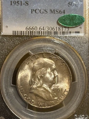 1951 S Franklin 50c PCGS MS 64 &CAC Approved Only 60 Coins Total Stickered Toned