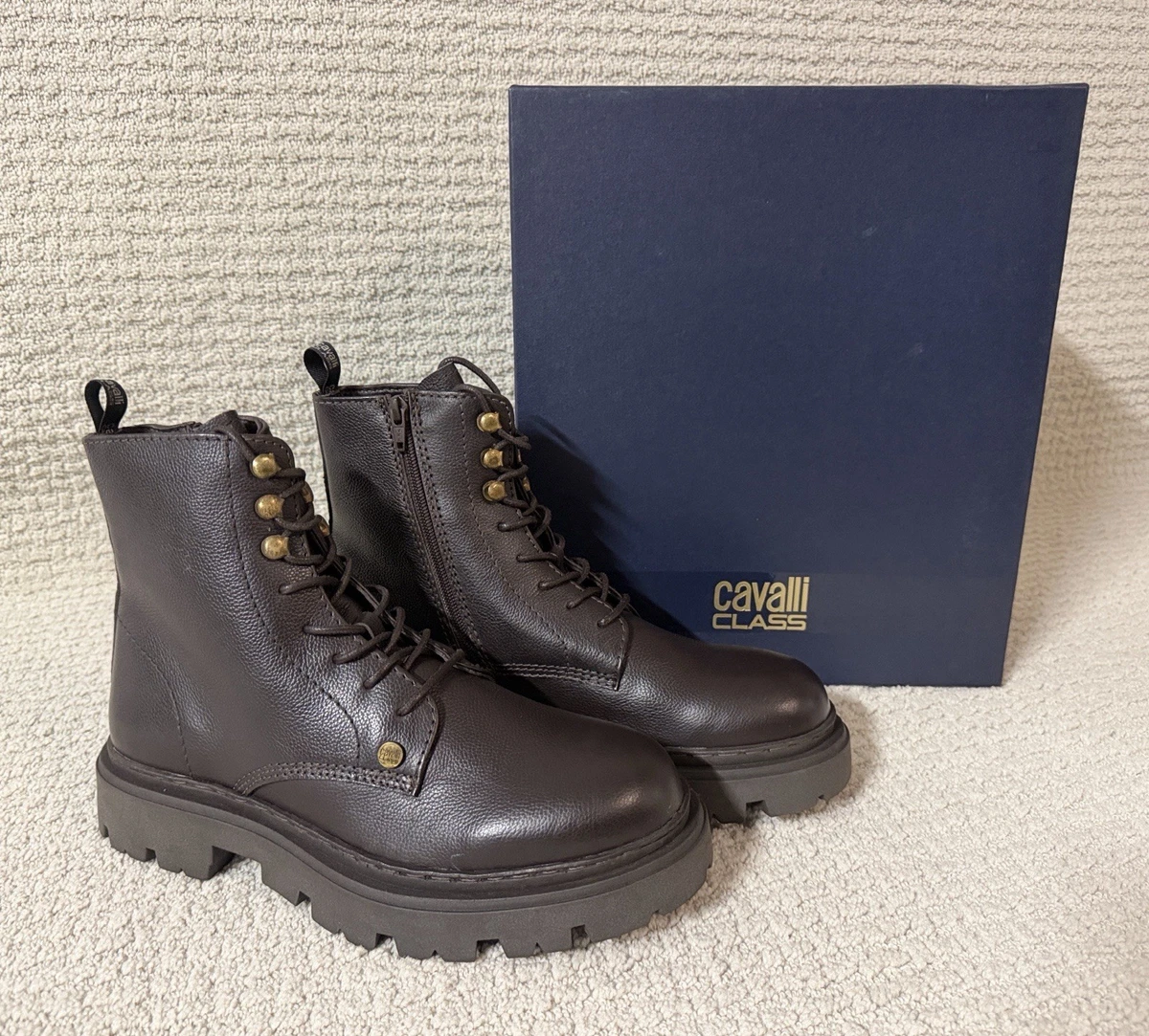 Cavalli Class Chocolate Brown Leather Combat Boots with Brass Accents Brown Leather Combat Boots in Dark brown for Women | Roberto  main image 2