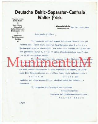 Deutsche Baltic Separator Centrale Walter Frick WILMERSDORF-BERLIN 1909 Offerte