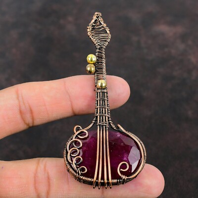 Gift For Her Copper Gemstone Jewelry Handmade Wire Wrapped Guitar Pendant 3.62''