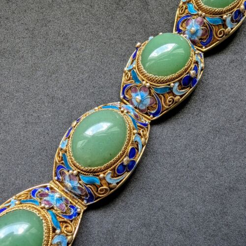 Vintage Armband Silber vergoldet Emaille Jadeit Jade alt China - Bild 5 von 16