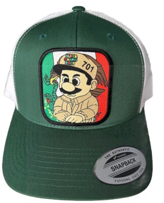 SUPER CHAPO BROS HAT GREEN WHITE MESH SNAP BACK  VISERA DOBLADA  ADJUSTABLE  NEW