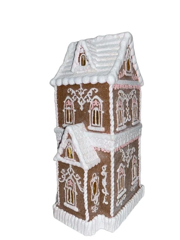 Рождественский коричневый розовый викторианский освещенный пряничный домик с ручной росписью 14 дюймов НОВЫЙ - Изображение 4 из 4