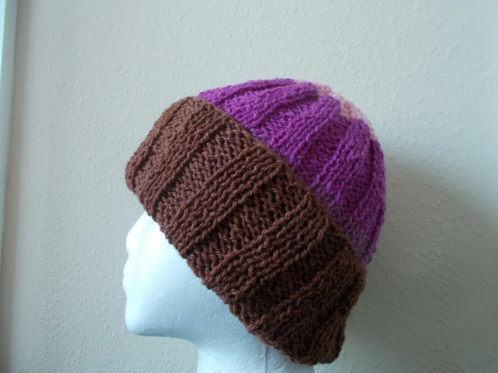 Hand knitted 100% rustic wool beanie/hat, brown/purple/pink