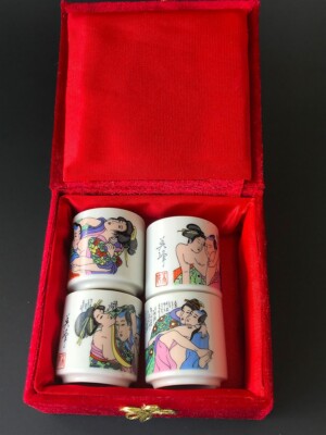 Set of 4 Porcelain Mini Sake Cups with Hand Painted Erotic Picture in a Gift Box