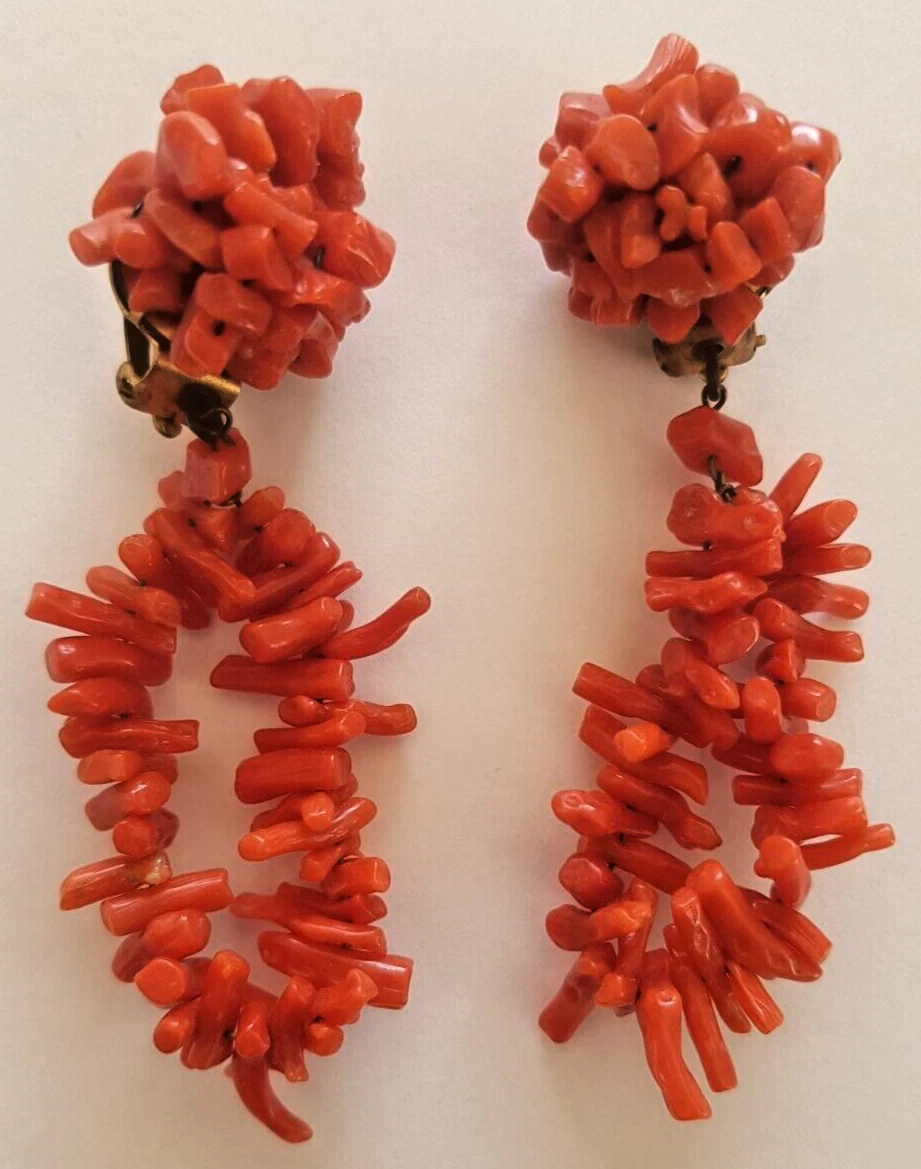 Boucles D'oreilles Vintage à Clip - Imitation Corail Rouge, Finition Argent, Jamais Portées