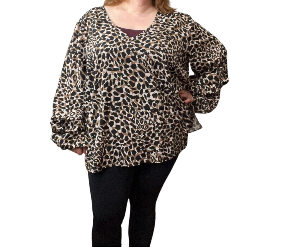 Eloquii Size 26 Leopard Print V-Neck Blouse Neck Black Beige Brown