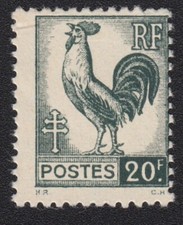 TIMBRE FRANCE 1944 gouv. prov. Coq série d'Alger n°648 Y&T 20F vert sapin neuf