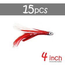 15pcs Red White 4" mini tuna feather 1/2oz Bullet chrome Head squid lure FishWOW