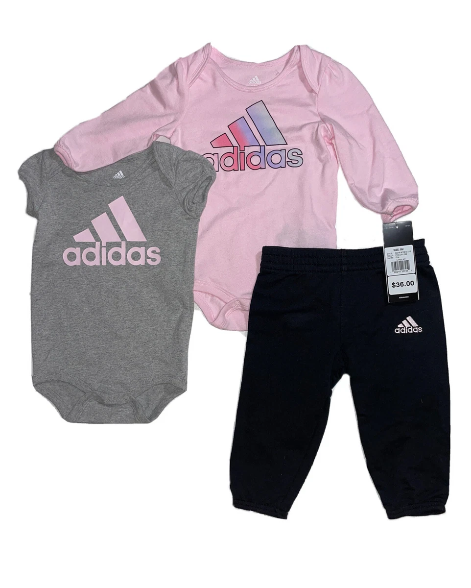 NWT Adidas Baby 2 Bodysuits &amp; Joggers Outfits 3-Piece Set; Sz 9M, MSRP $36 | eBay