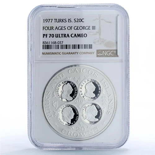 Turks and Caicos Islands 20 crowns King George III PF70 NGC silver coin 1977