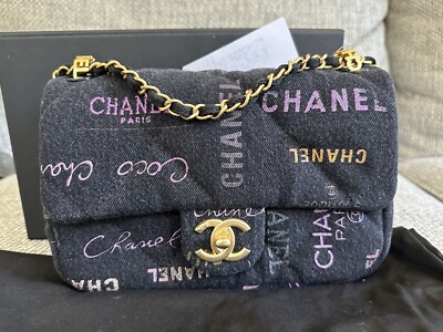 NEW w/ tag 22P CHANEL Classic Black Printed Denim SMALL Flap Bag w
