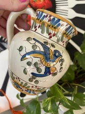 VTG Portugal Pottery VL Lisboa Hand Painted Blue Bird Handled Pitcher Jug Vase