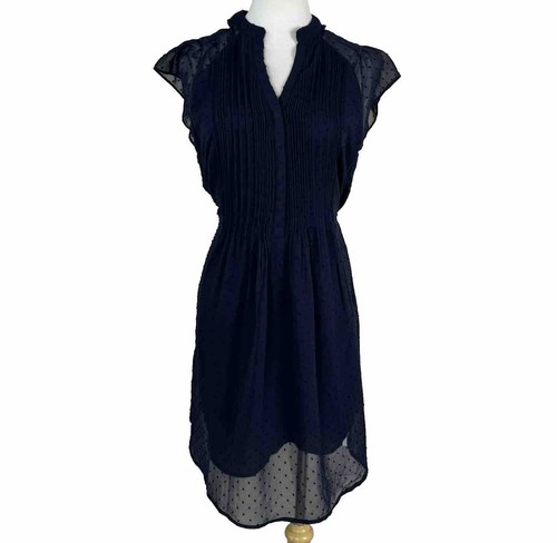 H&M Blue Dress Size 6 Polka Dot Tie Waist Button Front Fit Flare Dress - Picture 3 of 11