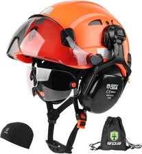 GREEN DEVIL Hard Hat Safety Helmet with Visor and Ear Muffs Men Women Orange