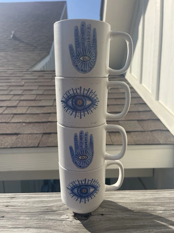 Juego de 4 tazas de café bohemias azules y blancas Foto 2 de 3