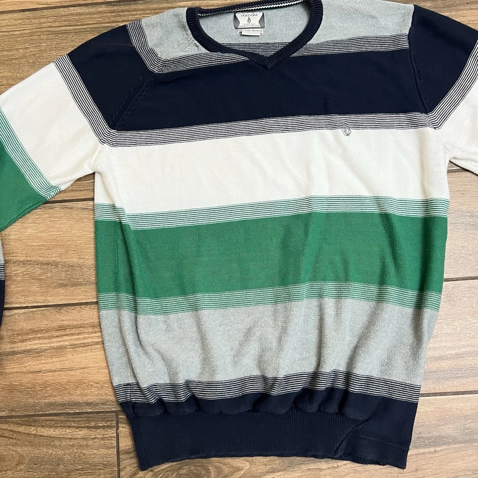Volcom Men's XL Pullover Sweater Blue, White, Green Striped Knit - Image 3 of 4