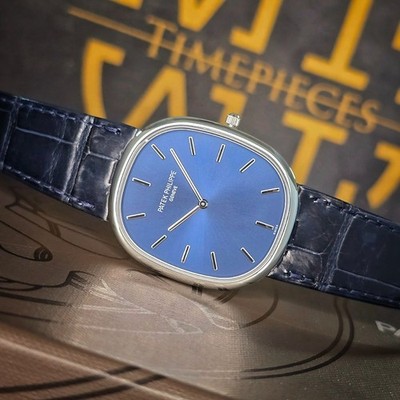 MINT PATEK PHILIPPE GOLDEN ELLIPSE 34.5MM 5738P-001 950 PLATINUM BLUE DIAL B&P