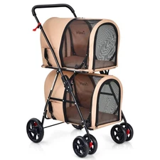 NNECW 4-in-1 Double Pet Stroller with Detachable Carrier for Cats Travel-Beige