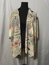 Umgee Boho Feather Print Kimono Pompom Trim Lightweight Festival Hippie Sz M/L