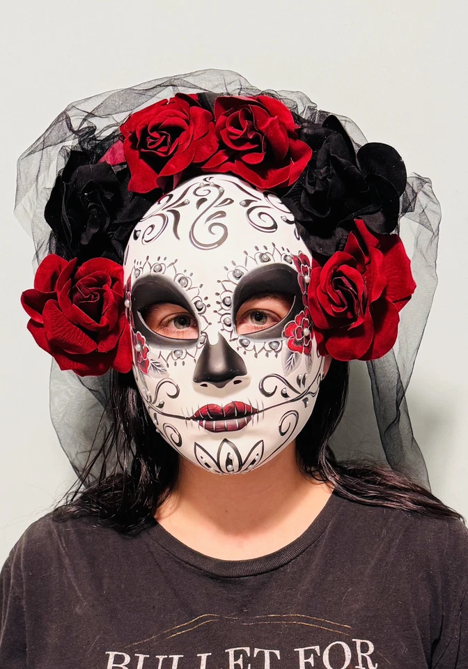 Day of the Dead Dia de los Muertos Full Face Masquerade Mask with Black Veil - Image 3 of 4