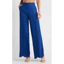 Farm Rio NWOT Richelieu Embroidered Blue Linen Blend Wide Leg Pants Sz XL