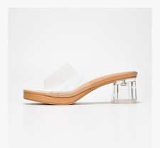 Cape Robbin Clear Lucite Block Heel Pumps Transparent Beige Cushioned Round Toe